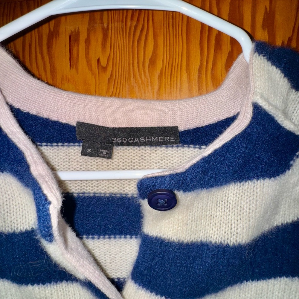 NWOT 360 Cashmere Mariner/Chalk Navy and Cream Striped Cardigan - Picture 2 of 7